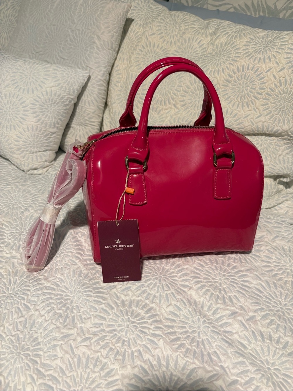 David Jones Paris NWT Hot Pink Patent Dome Satchel/detachable shoulder strap